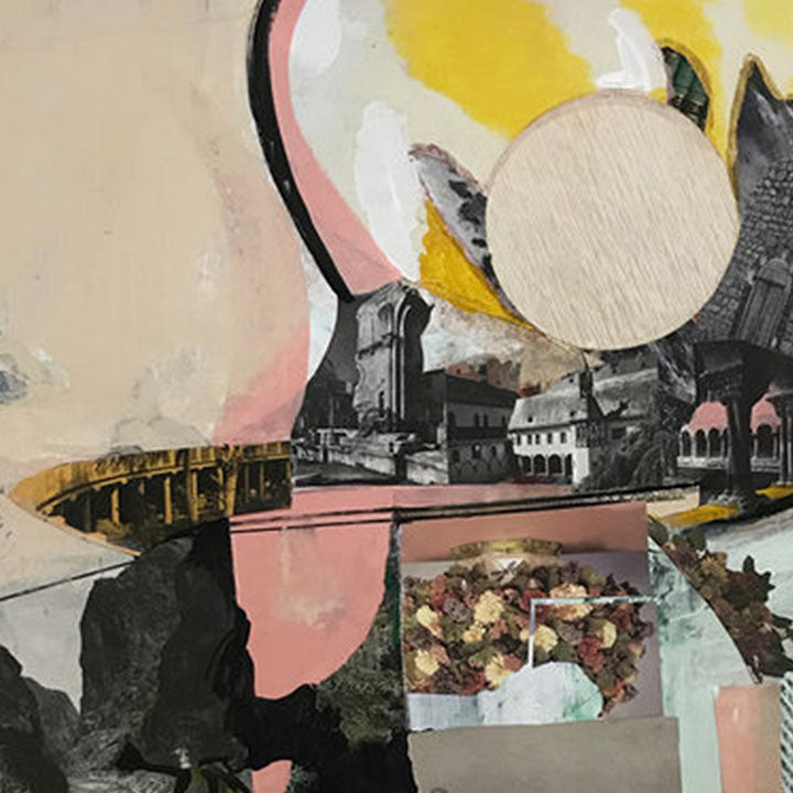 The artwork 'Collected Memories #4' by Sinejan Kılıç Buchina features a mixed media collage combining architectural elements, a prominent circular form, and abstract shapes. Bold yellows and soft pinks contrast against dark greys and black, creating a dynamic urban landscape. Textural elements blend oil, pastel, and acrylic techniques with photographic fragments by Sinejan Kılıç Buchina.