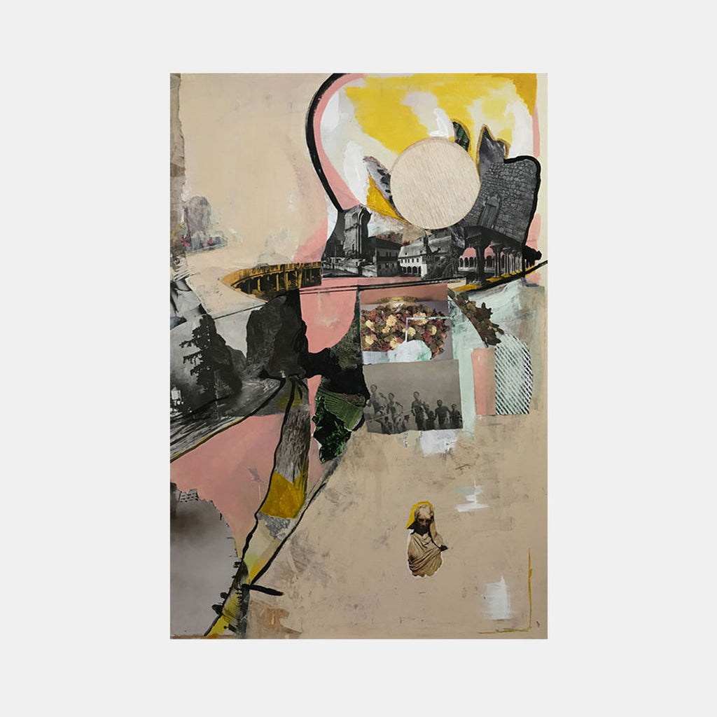 The artwork 'Collected Memories #4' by Sinejan Kılıç Buchina features a mixed media collage combining architectural elements, abstract shapes in pink and yellow, and vintage photographs against a beige background. Dark silhouettes and geometric forms create dynamic composition, with textural elements in oil, pastel, and acrylic adding depth and visual interest.