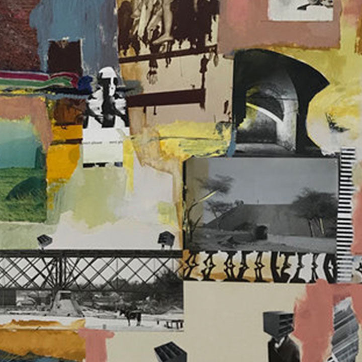 The artwork 'Collected Memories #1' by Sinejan Kılıç Buchina features a mixed media collage combining vintage photographs with abstract elements. Bold brushstrokes in yellow, pink, and blue contrast with black and white imagery. The composition includes architectural elements, landscapes, and silhouetted figures arranged in a grid-like pattern, creating a dynamic interplay between past and present through various artistic mediums.