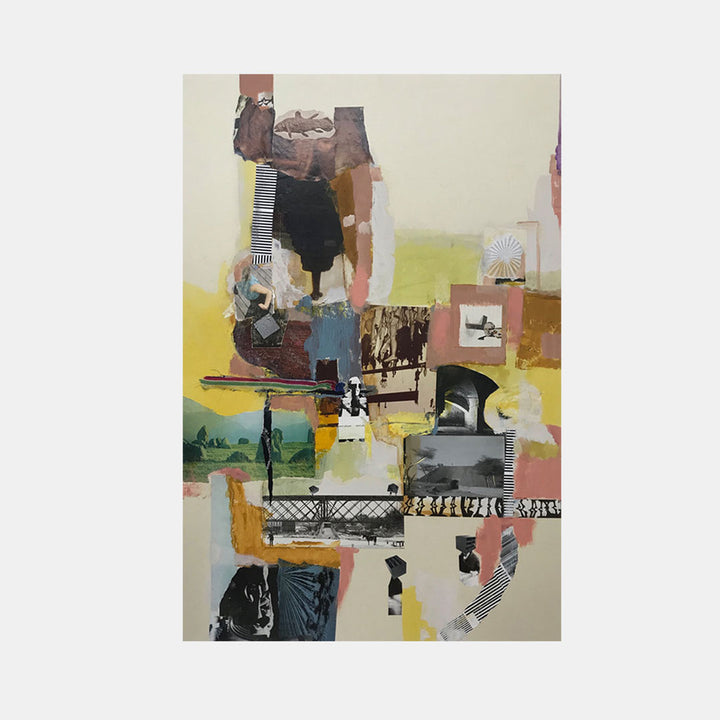 The artwork 'Collected Memories #1' by Sinejan Kılıç Buchina features a dynamic mixed media collage combining vintage photographs, abstract shapes, and architectural elements. Layered composition in muted earth tones, yellows, and grays creates a nostalgic atmosphere. The piece incorporates oil paint, pastels, and paper elements arranged in a geometric yet organic layout.