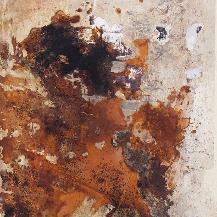 The artwork 'KÜF 6-7' by Sinejan Kılıç Buchina features abstract expressionist patterns in rust-like oranges and deep browns against a weathered white background. The composition suggests natural oxidation and decay, with textured splotches and organic forms reminiscent of corroded metal or mineral formations. Mixed media on canvas creates depth and tactile interest.