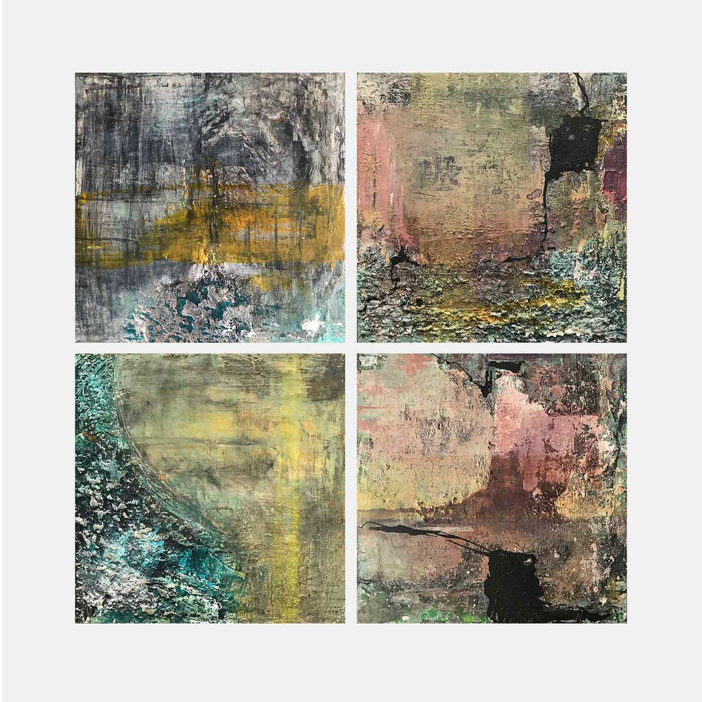 The artwork 'Necessary Ingredients #3-6' features four abstract mixed media panels showcasing textured compositions with muted teal, yellow ochre, and rose hues. Each 10x10 inch panel displays weathered, layered effects with distressed surfaces, creating a harmonious balance of earthy and ethereal elements by Sinejan Kılıç Buchina.
