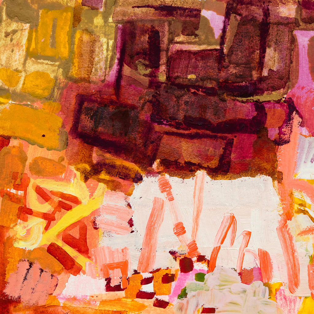 The artwork 'Park Series: Underbrush' by Molly Herman features an abstract composition with bold burgundy and golden blocks in the upper portion transitioning to vibrant coral and white brushstrokes below. The acrylic painting on handmade rag paper displays energetic gestural marks, creating a dynamic interplay of warm autumn colors and textural elements, suggesting organic forms and natural movement. By Molly Herman.