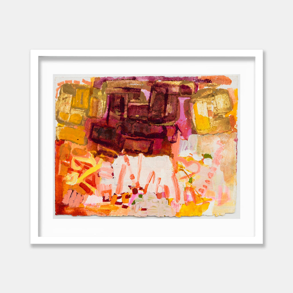The artwork 'Park Series: Underbrush' by Molly Herman features vibrant abstract expressionist strokes in warm autumn colors. Bold burgundy and golden yellow blocks dominate the upper portion, while delicate coral pink and peach tones create a dynamic lower section. The acrylic paint on handmade rag paper shows varied textures and gestural brushwork, suggesting organic forest floor patterns by Molly Herman.