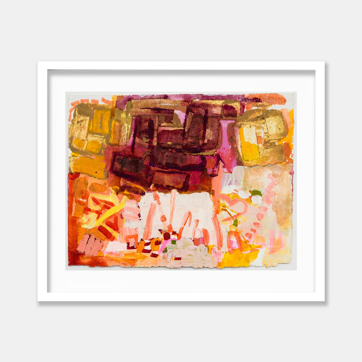 The artwork 'Park Series: Underbrush' by Molly Herman features vibrant abstract expressionist strokes in warm autumn colors. Bold burgundy and golden yellow blocks dominate the upper portion, while delicate coral pink and peach tones create a dynamic lower section. The acrylic paint on handmade rag paper shows varied textures and gestural brushwork, suggesting organic forest floor patterns by Molly Herman.