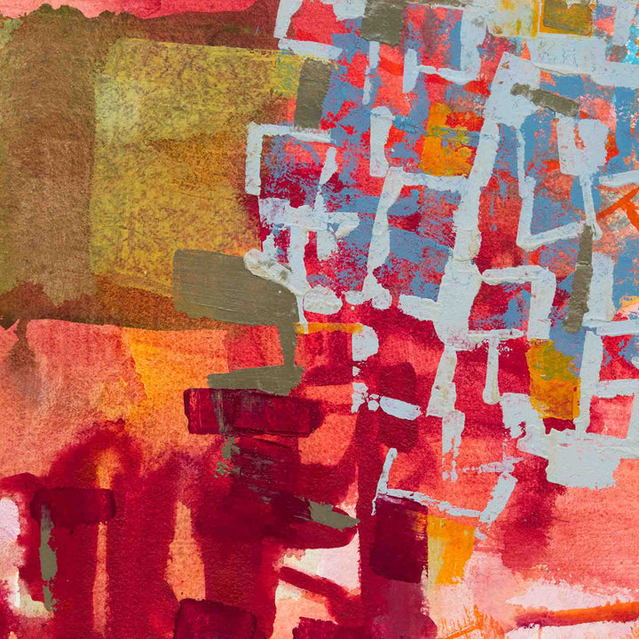 Park Series: Woven Work by Molly Herman features vibrant abstract composition with dynamic brushstrokes in coral red, sky blue, and golden yellow. Geometric shapes and angular forms create a woven pattern effect on handmade rag paper. Textural acrylic paint application suggests depth and movement through layered, intersecting elements.