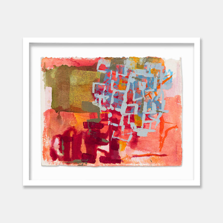 Park Series: Woven Work by Molly Herman features an abstract composition with vibrant coral, turquoise, and olive hues layered in geometric patterns. The acrylic painting on handmade rag paper creates a textural mosaic effect, with loose brushstrokes suggesting interwoven elements against a warm background. The 15x20 inch artwork combines organic and structured forms in a dynamic modern style.
