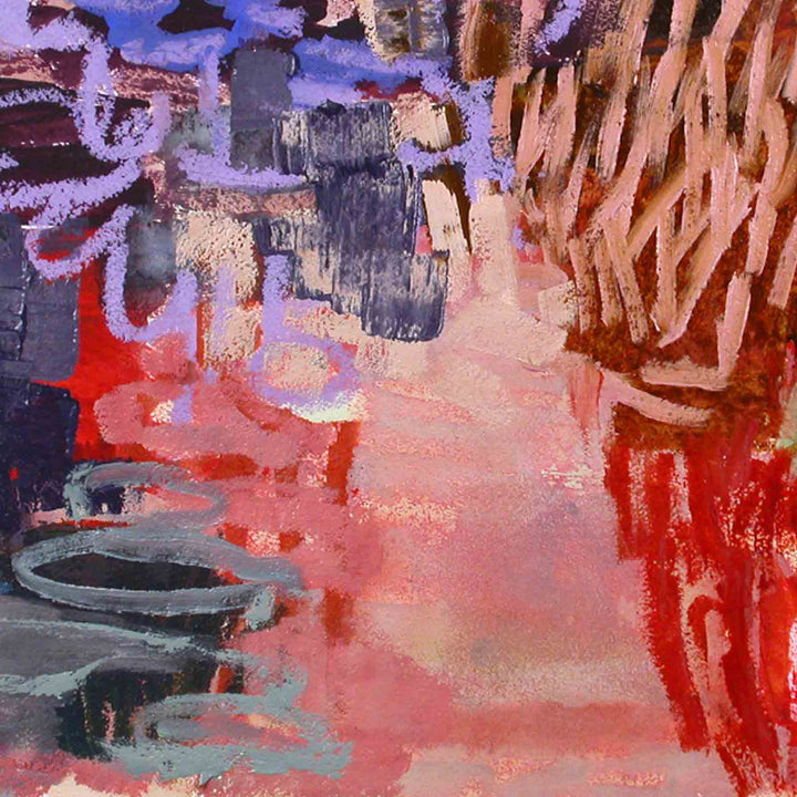 The artwork 'Park Series: Violet' by Molly Herman features bold abstract brushstrokes in vibrant violet, coral, and gray tones. Dynamic sweeping marks create a sense of movement across the handmade rag paper, with layered acrylic and oil paint textures. The composition balances warm and cool colors in an expressive, contemporary style. Mixed media artwork by Molly Herman.