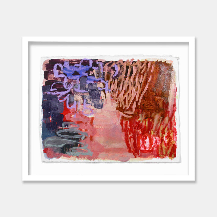 Park Series: Violet by Molly Herman features an abstract expressionist composition with dynamic brushstrokes in vibrant purple, red, and blue hues. The artwork displays textural contrasts between fluid and angular marks, created with acrylic and oil on handmade rag paper, measuring 15 x 20 inches. Bold gestural strokes in burgundy tones sweep across the right side, while cooler purple-blue elements anchor the left portion.