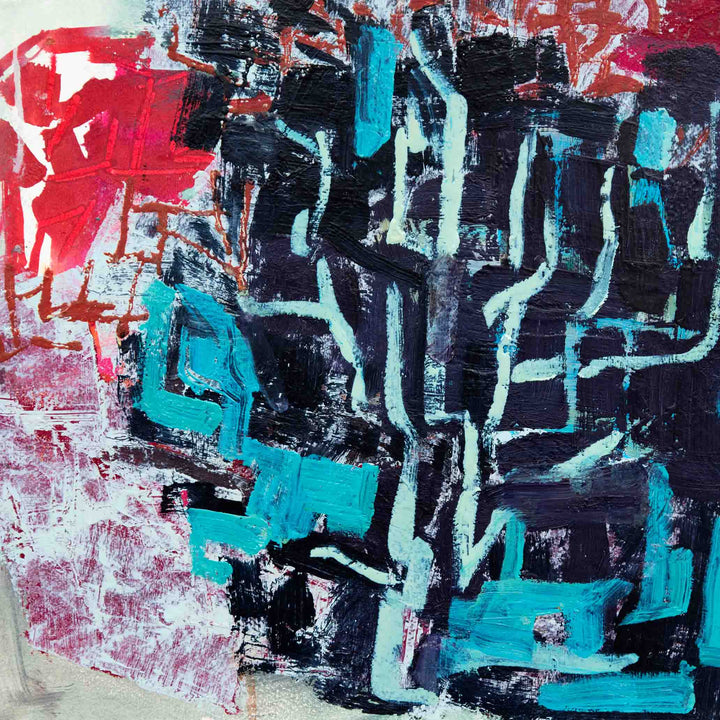 The artwork 'Park Series: Lapis' by Molly Herman features bold abstract brushstrokes in turquoise and black, with vibrant red accents. Dynamic, gestural marks create a maze-like pattern against a textured background. The acrylic paint on handmade rag paper showcases expressive contemporary style with contrasting colors and energetic composition. - Molly Herman