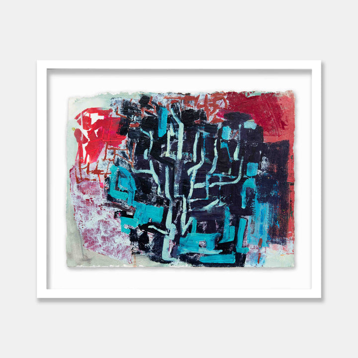 The artwork 'Park Series: Lapis' by Molly Herman features bold abstract brushstrokes in vibrant turquoise and crimson, creating a dynamic geometric composition. Expressive black angular forms intersect with aqua elements against a textured background, showcasing energetic movement and contrast in acrylic on handmade rag paper. The piece measures 15 x 20 inches by Molly Herman.