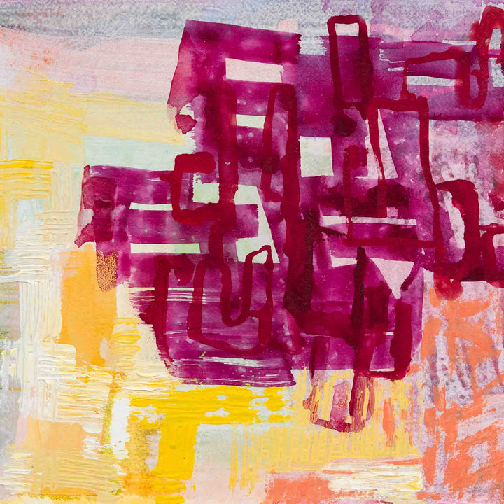 Park Series: Playground by Molly Herman features bold geometric shapes in vibrant magenta and burgundy tones floating against a warm background of golden yellows and soft peach. The abstract composition suggests playful architectural forms rendered in expressive acrylic brushstrokes on handmade rag paper, creating a dynamic interplay of color and form.
