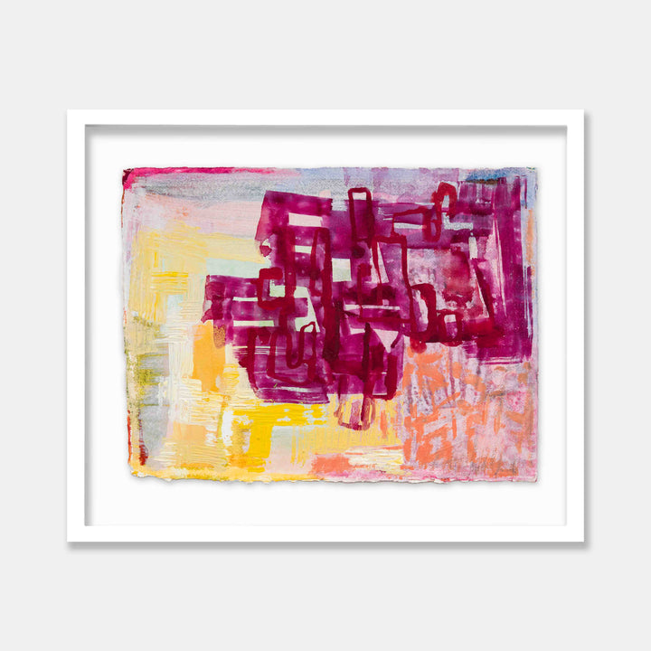 The artwork 'Park Series: Playground' by Molly Herman features vibrant abstract brushstrokes in magenta and burgundy forming geometric shapes against a warm yellow and coral background. Expressive acrylic painting on handmade rag paper showcases bold gestural marks and layered textures, creating a dynamic composition with urban architectural elements.