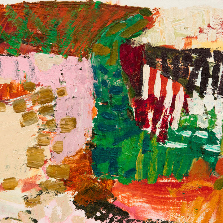 The artwork 'Park Series: Pathway' by Molly Herman features bold, expressionistic brushstrokes in vibrant greens, reds, and pinks. Abstract landscape elements emerge through layered acrylic and oil paint on handmade rag paper, with dynamic textural contrasts and gestural marks suggesting a natural setting viewed through an abstract lens.