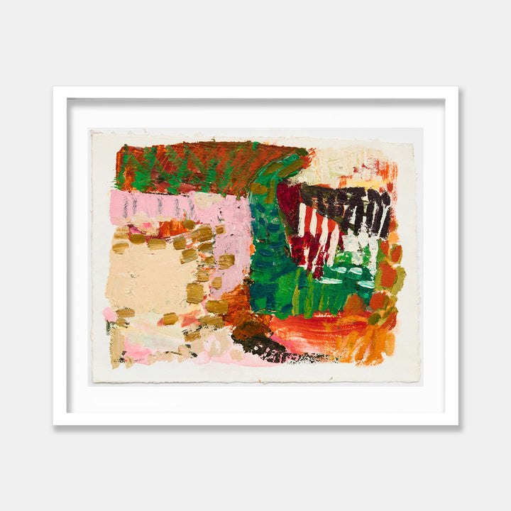 The artwork 'Park Series: Pathway' by Molly Herman features bold abstract brushstrokes in vibrant green, pink, and orange hues. Gestural marks and textural elements created with acrylic and oil paint on handmade rag paper create a dynamic composition suggesting natural forms and movement. The piece combines earthy and bright colors with spontaneous brushwork by Molly Herman.