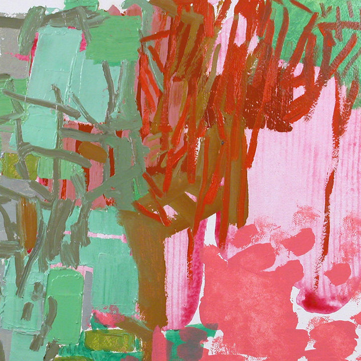 The artwork 'Park Series: Jade' by Molly Herman features bold abstract brushstrokes in vibrant jade green and coral red hues on handmade rag paper. Dynamic gestural marks create a striking contrast between cool and warm tones, with expressive acrylic paint application showing visible texture and movement across the 15x20 inch composition.