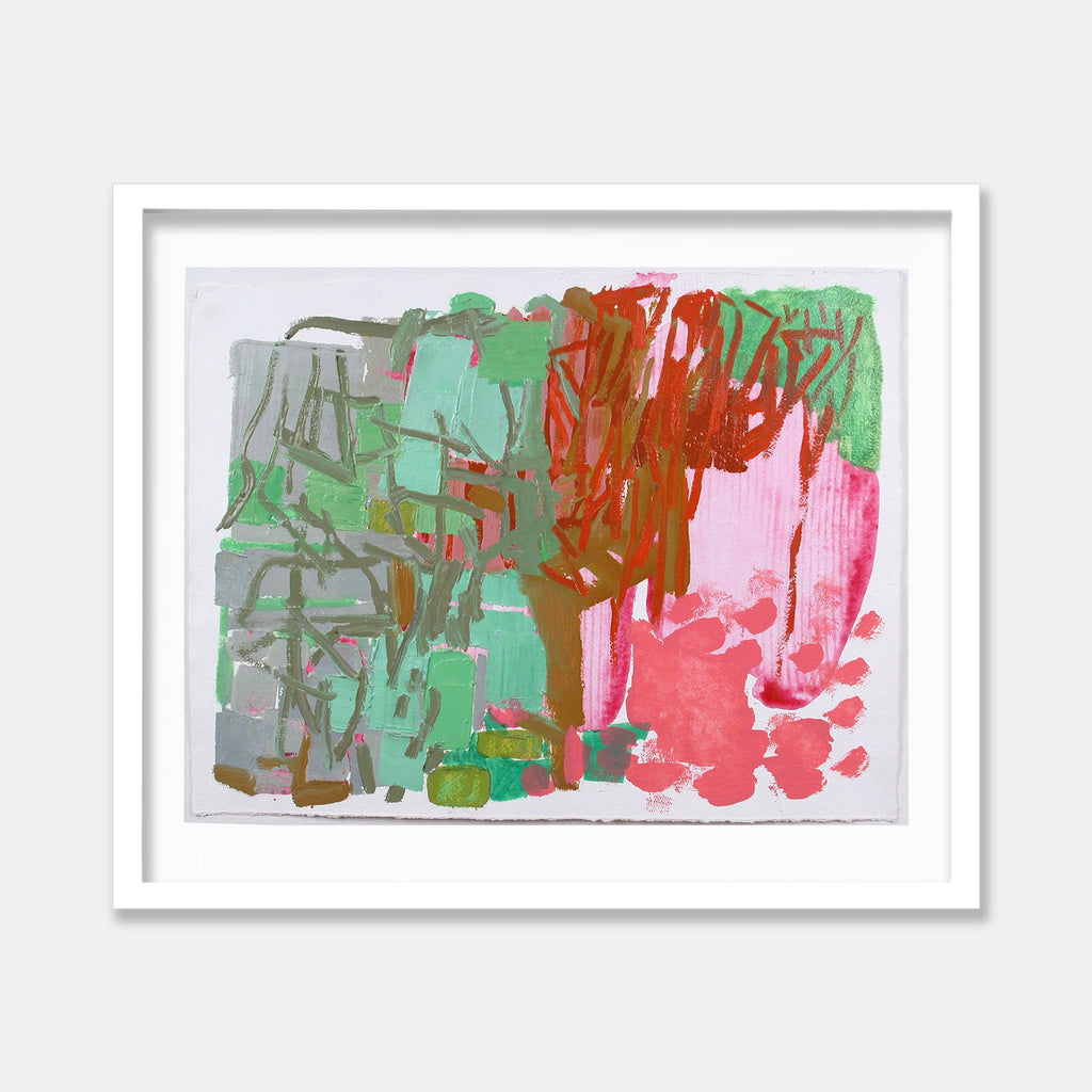 The artwork 'Park Series: Jade' by Molly Herman features an abstract expressionist composition with dynamic brushstrokes in jade green, coral pink, and earthy brown hues. Bold gestural marks create a sense of movement across handmade rag paper, with layered acrylic paint revealing textural elements and spontaneous splashes that evoke a natural landscape rendered in contemporary style.