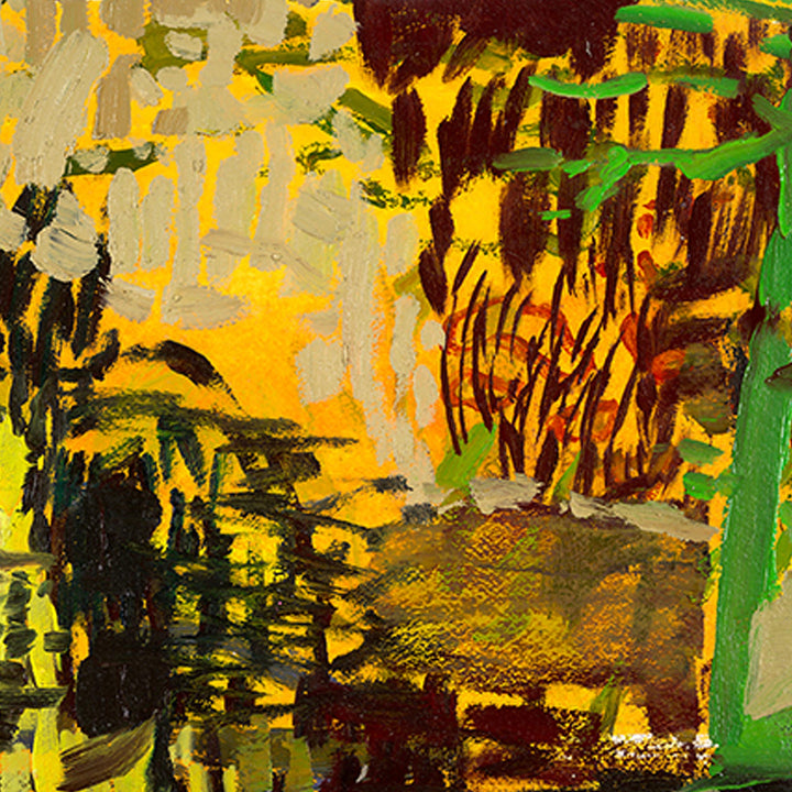 The artwork 'Park Series: Golden' by Molly Herman features vibrant abstract landscape elements with expressive brushstrokes in yellow, brown, and emerald green. Bold acrylic and oil techniques create dynamic textures, suggesting a natural scene with autumnal foliage and vegetation. The composition balances dark earthen tones against luminous golden hues on handmade rag paper.