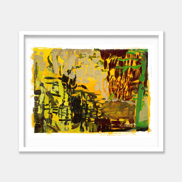 The artwork 'Park Series: Golden' by Molly Herman features vibrant abstract expressionist brushstrokes in yellow, green, and brown hues. Bold textural elements created with acrylic and oil paint on handmade rag paper create a dynamic landscape-inspired composition. Gestural marks and layered paint applications suggest natural forms and movement across the 15x20 inch surface.