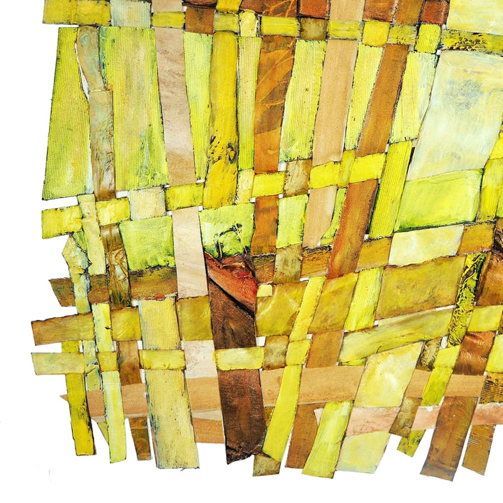 The artwork 'Feeling: Golden' by Christina Massey features an abstract composition of interwoven strips in vibrant yellow, lime green, and warm brown tones. The geometric pattern creates a woven basket-like texture with intersecting rectangular shapes arranged in a dynamic, angular formation. The 26x34 inch piece showcases a harmonious blend of earthy and citrus hues, creating a luminous, textural effect.