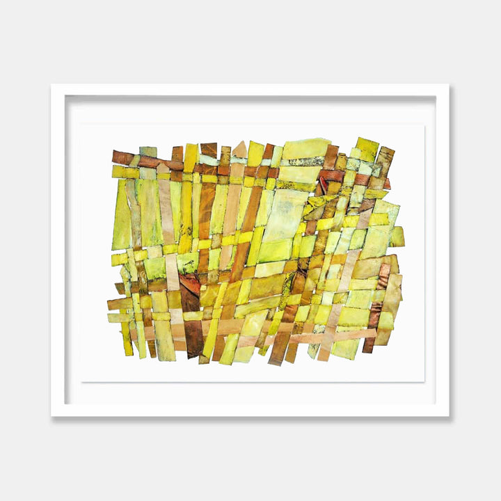 The artwork 'Feeling: Golden' by Christina Massey features an abstract composition of interwoven strips in yellow, chartreuse, and rust tones, creating a geometric pattern reminiscent of woven bamboo. The watercolor-like strips overlap in varying angles, producing a dynamic mosaic effect with translucent layers that allow light to seemingly pass through, measuring 26 inches high by 34 inches wide. By Christina Massey.