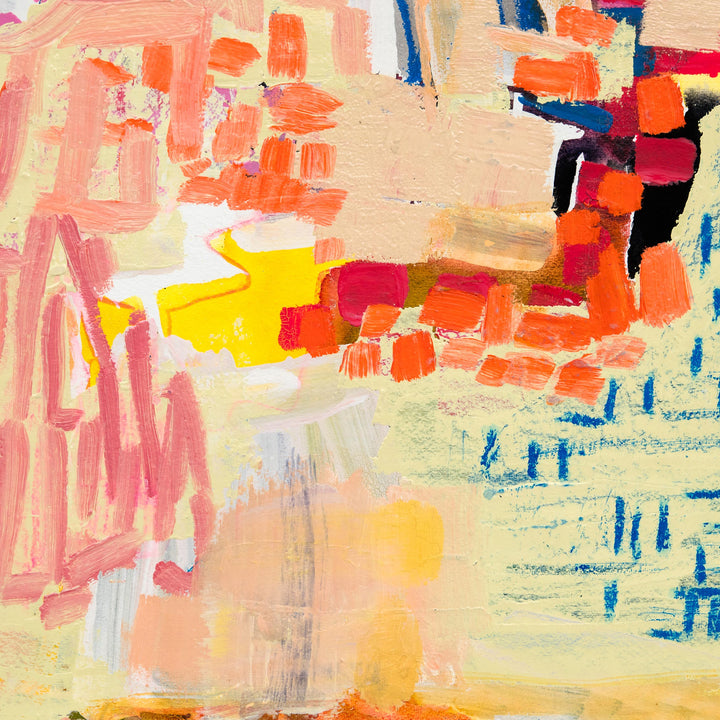 Park Series: Winding Road by Molly Herman features vibrant abstract brushstrokes in coral, yellow, and blue tones. The composition suggests dynamic movement through textural acrylic and oil paint on handmade rag paper, with energetic marks creating a sense of flowing pathways and organic forms in a warm, luminous palette. 15.5x20 inches.