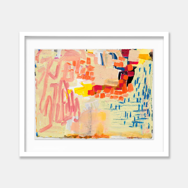 The artwork 'Park Series: Winding Road' by Molly Herman features dynamic abstract brushstrokes in coral pink, vibrant yellow, and deep blue hues on handmade rag paper. Bold gestural marks create movement across the composition, with textural elements achieved through layered acrylic and oil paint techniques, suggesting a contemporary interpretation of landscape forms.