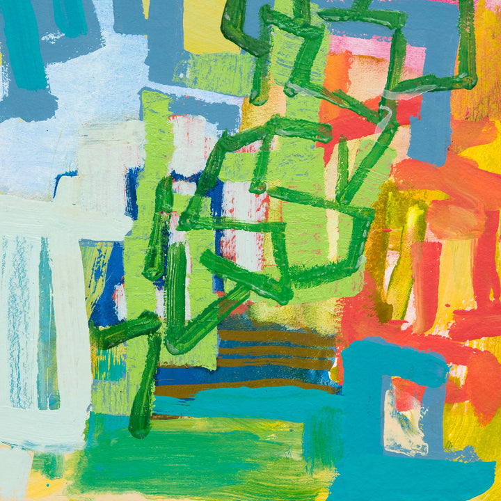 The artwork 'Park Series: Climbing Frame' by Molly Herman features bold abstract geometric shapes in vibrant greens, blues, and oranges. Angular brushstrokes create a dynamic composition with layered acrylic and oil paint on handmade rag paper, suggesting architectural elements and movement through intersecting forms and textural contrasts.