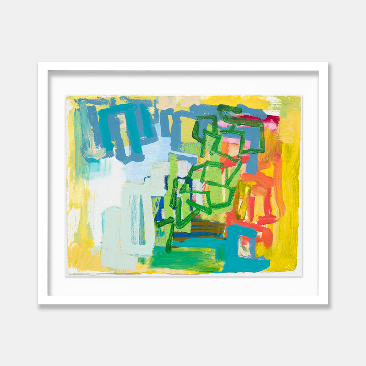 Park Series: Climbing Frame by Molly Herman features vibrant abstract expressionism on handmade rag paper. Bold brushstrokes in turquoise, yellow, and emerald green create dynamic geometric shapes suggesting architectural elements. The acrylic and oil painting combines fluid movements with structured forms, expressing a sense of vertical ascension across the 15.5x20 inch composition.