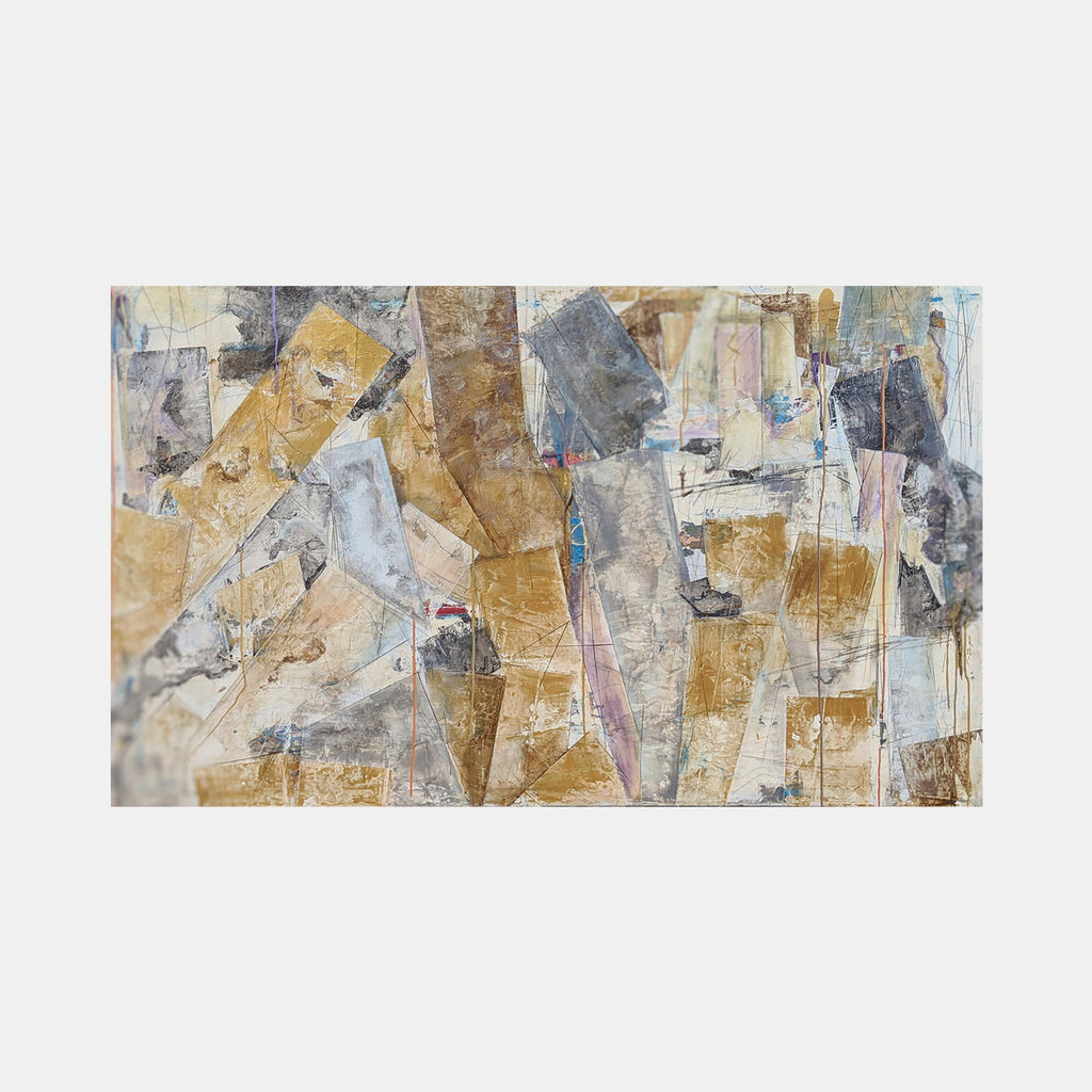 The artwork 'Grandma's Lap' by Joseph Conrad Ferm features an abstract composition with fragmented geometric shapes in muted gold, gray, and white tones. Layered mixed media elements create a textural collage effect, with angular forms intersecting across the canvas. Subtle hints of pink and blue peek through the predominantly earthy palette, creating depth and visual interest in this 36x60 inch piece.