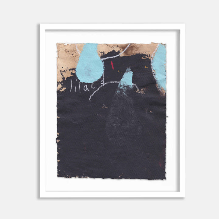 The artwork 'Liliac'ed' by Joseph O'Neal features a mixed media composition on found paper with a dominant black chalkboard paint background. Soft turquoise blue circular forms float at the top edge, contrasting with tan organic shapes. The piece combines coffee stains and oil stick marks, creating a minimalist abstract aesthetic with textural depth.