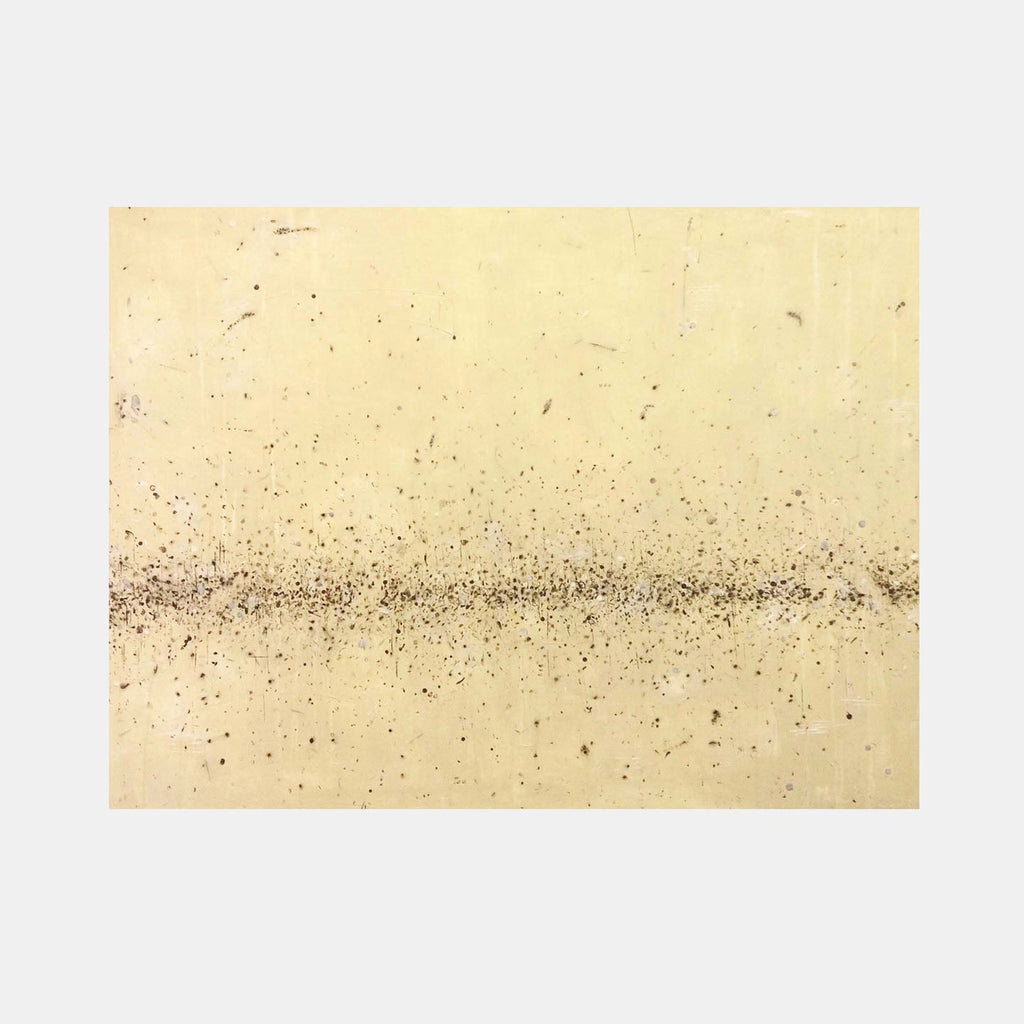 The artwork 'Rice' by Shira Toren features a minimalist abstract composition with a horizontal band of scattered dark speckles across a cream-colored background, resembling scattered grains of rice or cosmic dust. The print measures 36x48 inches and showcases a delicate textural pattern against a serene, monochromatic surface. By Shira Toren.