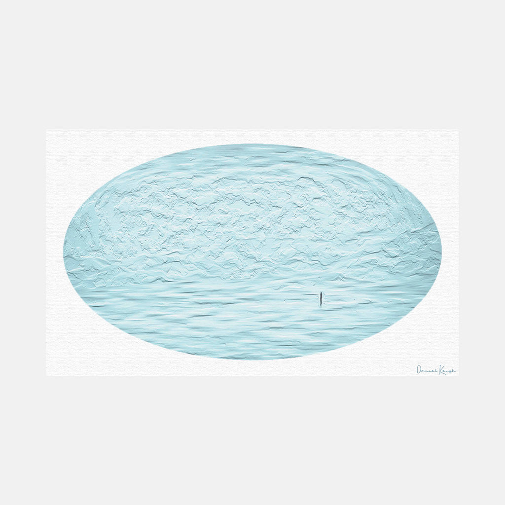 The artwork 'Emptiness.here.2020 #1' by Daniel Kersh features an oval-shaped composition depicting serene aqua waters with rippling textures. A minimalist approach captures a single vertical line breaking the horizontal plane of water, creating a meditative atmosphere. Oil paint and Giclee print on canvas combine to achieve a tranquil blue-green palette by Daniel Kersh.