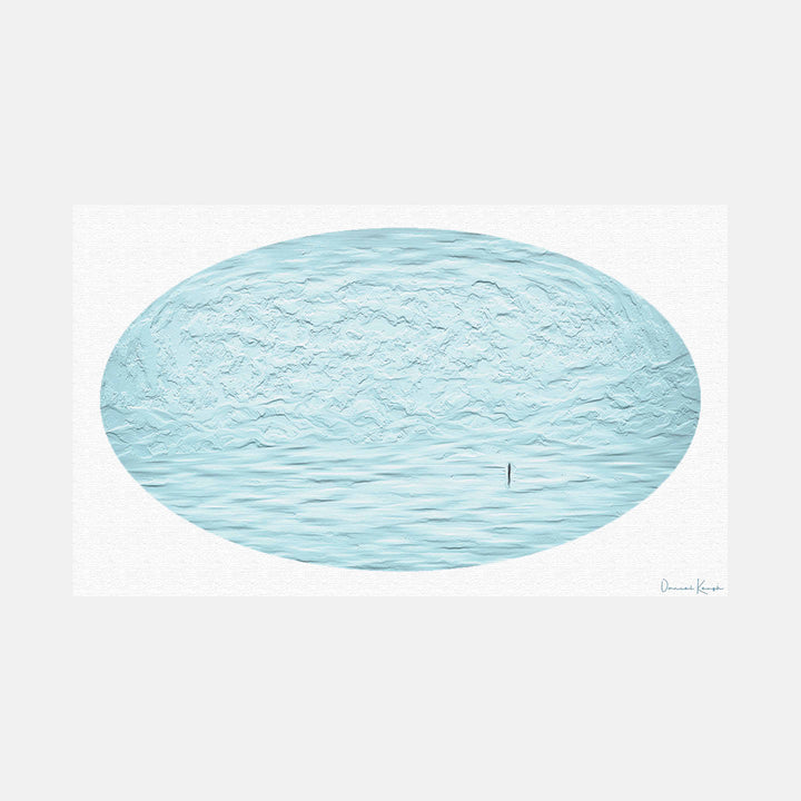 The artwork 'Emptiness.here.2020 #1' by Daniel Kersh features an oval-shaped composition depicting serene aqua waters with rippling textures. A minimalist approach captures a single vertical line breaking the horizontal plane of water, creating a meditative atmosphere. Oil paint and Giclee print on canvas combine to achieve a tranquil blue-green palette by Daniel Kersh.