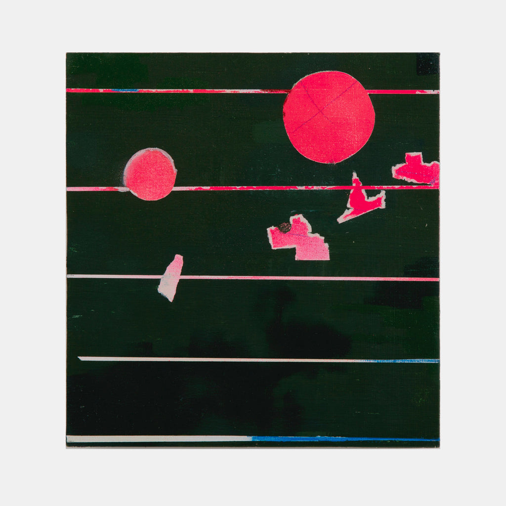 The artwork 'Interior (6)' by Troy Medinis features bright pink geometric shapes and circles floating on horizontal white lines against a deep forest green background. Mixed media technique combines oil paint's richness with spray paint's urban edge, creating an abstract composition with minimalist aesthetic. 8.5x9 inches panel artwork.