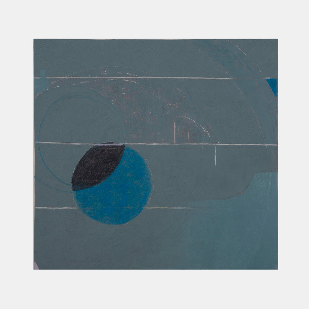 The artwork 'Scraped (3)' by Troy Medinis features minimalist geometric composition with a striking blue circle partially overlapped by a black curved shape on a muted gray-green background. Horizontal scratched lines create texture across the oil and charcoal panel, embodying abstract contemporary style.