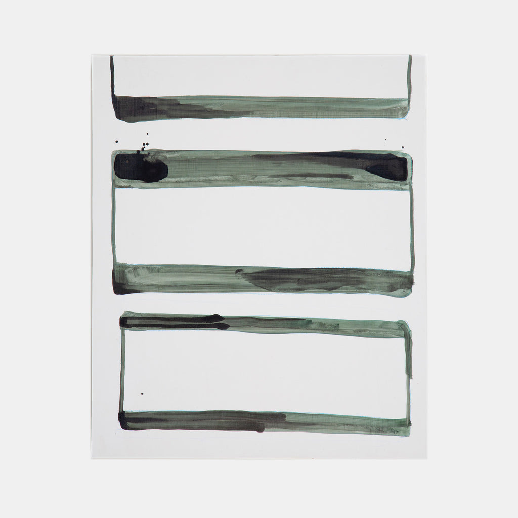 The artwork 'Names (Bones)' by Troy Medinis features four horizontal rectangular brushstrokes in muted sage green and charcoal black on white panel. Each stroke appears fluid and translucent, with varying opacity and watercolor-like effects, created using ink and colored pencil. The minimalist composition suggests a rhythmic, ladder-like pattern. - Troy Medinis