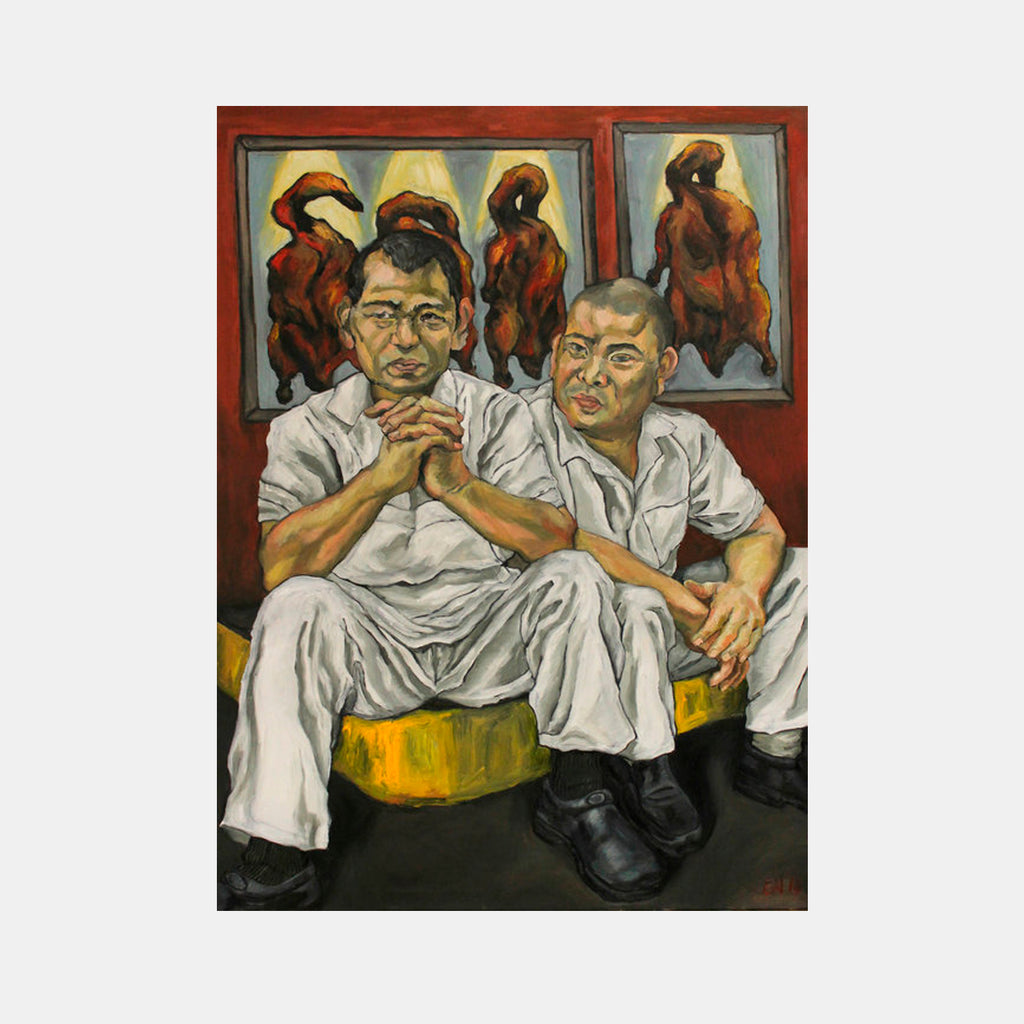 The artwork 'The Duck Butchers and the Butchered Ducks (Diptych)' depicts two figures in white uniforms seated against a deep red wall, with hanging brown duck figures in frames behind them. Painted in expressive oil strokes with rich contrasts between warm and cool tones. Oil on canvas artwork by Amanda Ba.