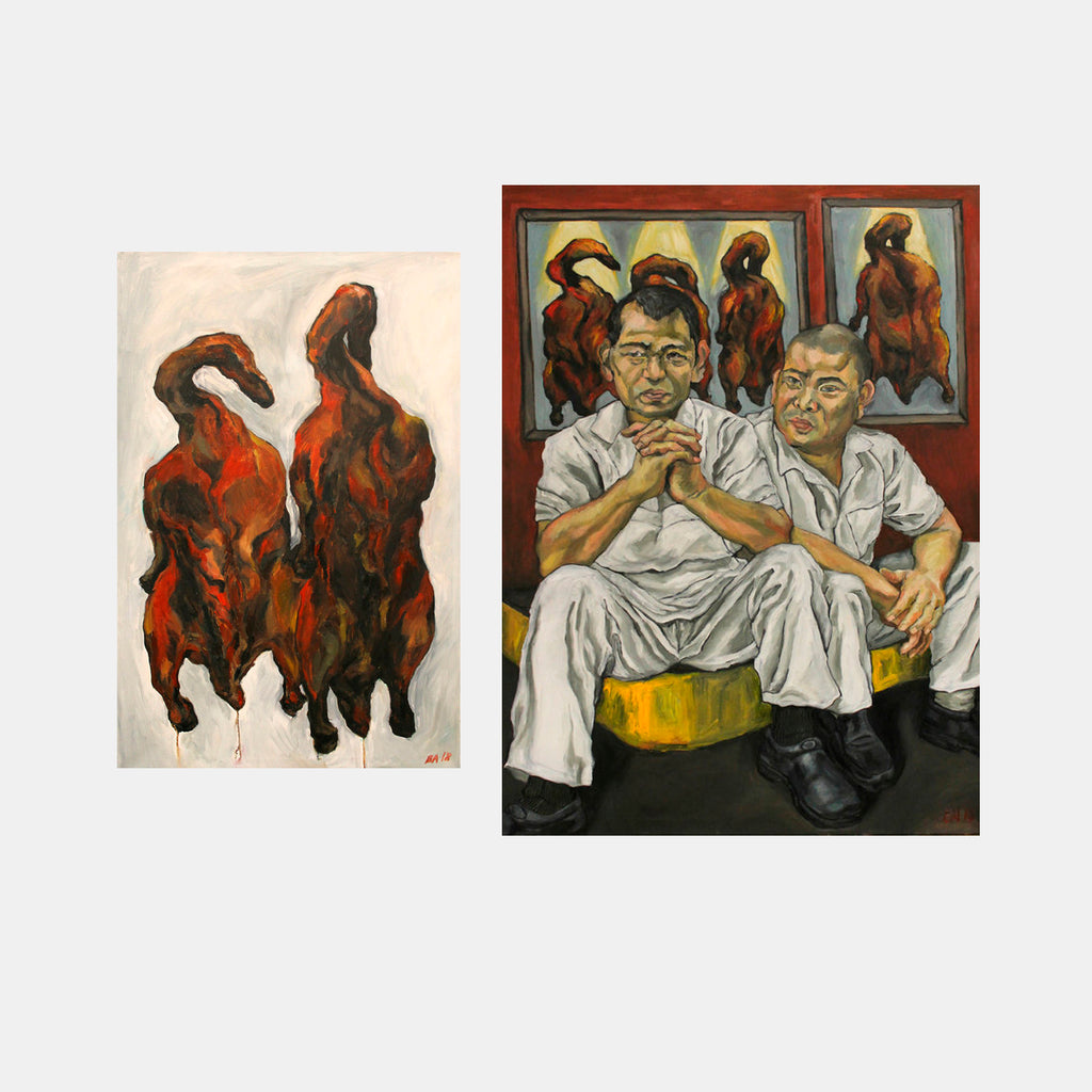 The artwork 'The Duck Butchers and the Butchered Ducks (Diptych)' depicts a paired composition featuring abstract red-black duck figures in one panel and two figures seated in white garments against a backdrop of similar duck motifs in the other. Oil on canvas diptych showcasing bold brushstrokes and contrasting color palette. By Amanda Ba.