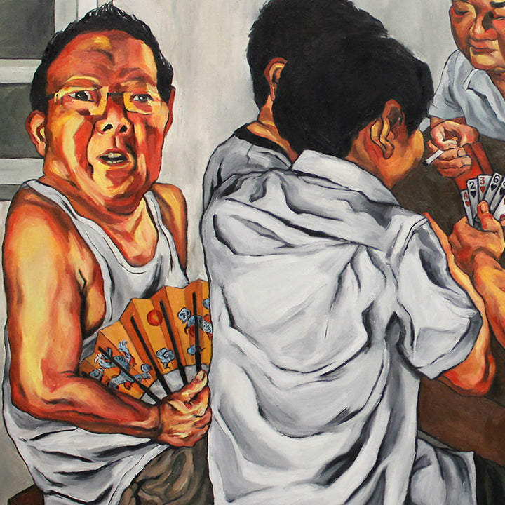 The artwork 'Caring for the Upbringing of Young Adults Holds Up Tomorrow's Sun' depicts a lively card game scene in oil on canvas. A figure in a white tank top holds playing cards, rendered in vibrant orange and blue tones against a grey background. The painting showcases dynamic brushwork and expressive realism, capturing intense emotions through bold colors and strong contrasts. By Amanda Ba.