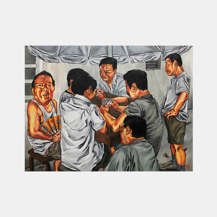 The artwork 'Caring for the Upbringing of Young Adults Holds Up Tomorrow's Sun' by Amanda Ba depicts a group gathered around a table in an interior setting. The oil painting features dramatic lighting, rich warm tones, and expressive brushwork capturing a social scene. Rendered in a contemporary realist style with gray and orange color palette. 48x65 inches oil on canvas by Amanda Ba.
