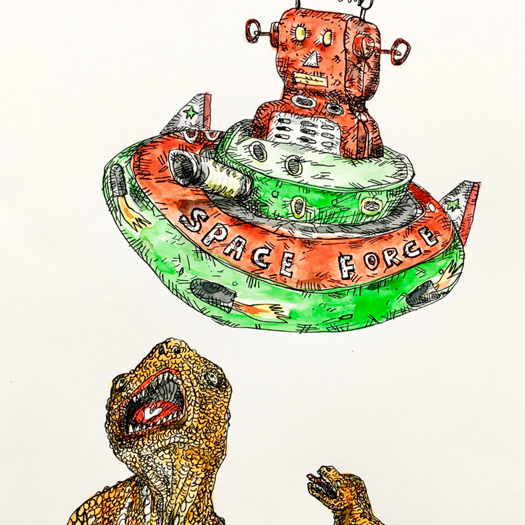 Space Robot V Dinosaurs rd 2 (orange) by Andrew Chan features a whimsical ink and watercolor illustration of an orange retro-style robot in a green and orange flying saucer labeled 'Space Force' hovering above two detailed dinosaurs rendered in golden-brown tones. The artwork combines sci-fi and prehistoric elements in a playful composition.