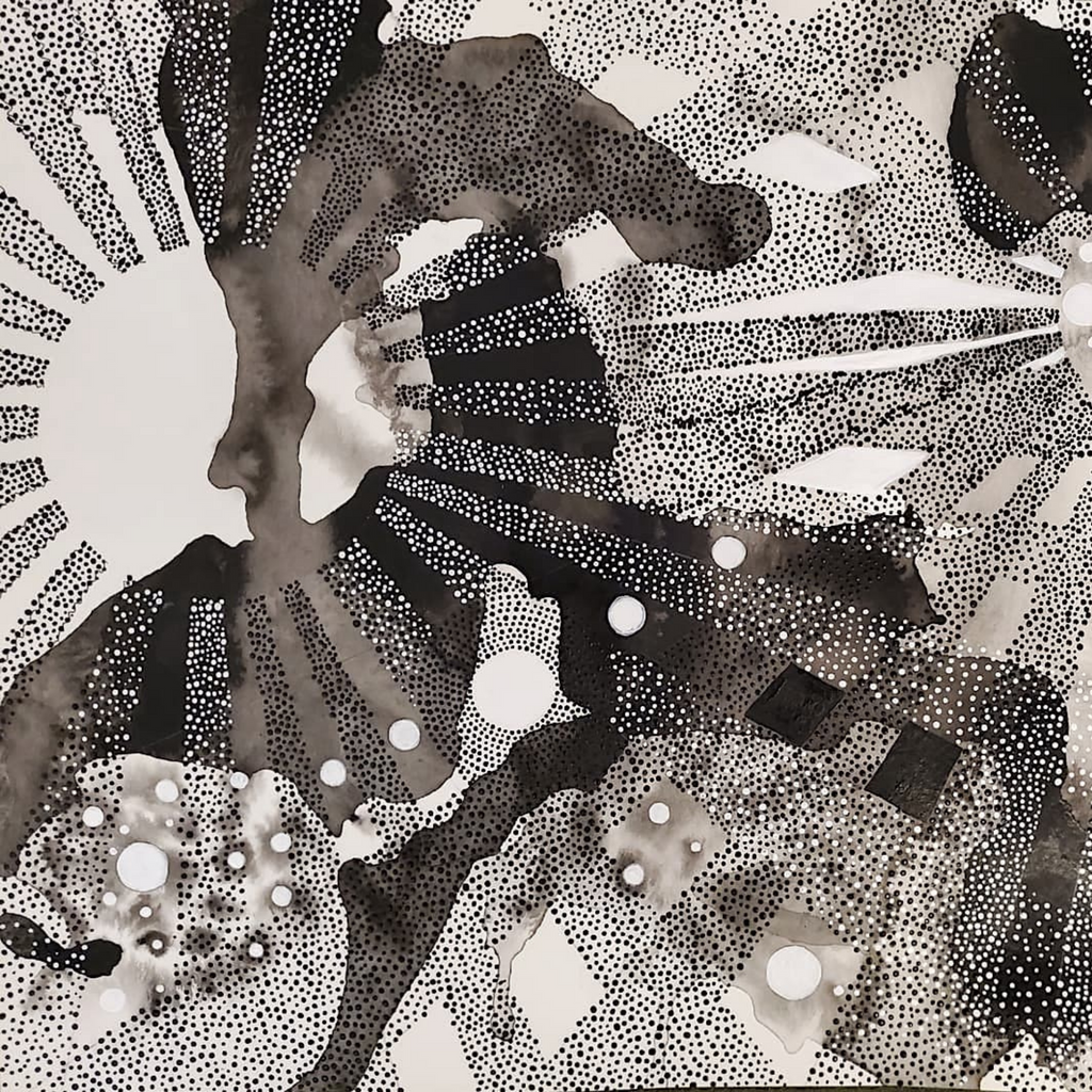 The artwork 'The Spheres Really Have Their Music #48' by Katie Niewodowski features abstract radiating spheres in black and white ink, creating a cosmic landscape. Dotted textures and flowing lines create dynamic movement, while contrasting light and dark elements suggest celestial bodies in motion. The monochromatic composition combines fluid acrylic and detailed stippling techniques.