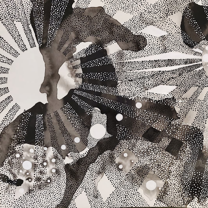 The artwork 'The Spheres Really Have Their Music #48' by Katie Niewodowski features abstract monochromatic composition in ink and acrylic, depicting radiating patterns with dotted textures. Circular orbs and dynamic lines create a cosmic-like atmosphere, with contrasting black and white spaces forming a mesmerizing geometric design. The stippled technique adds depth and movement to the 11x15 inch piece.