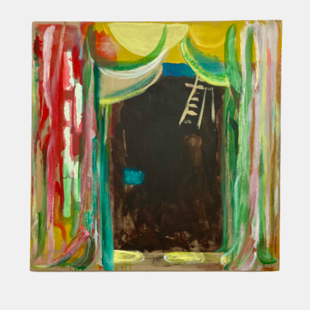 The artwork 'Limelighter's Tale' by Molly Herman features an abstract theatrical scene with vibrant brush strokes in red, green, and yellow framing a dark central space, suggesting stage curtains and lighting. Bold vertical strokes create dynamic movement while luminous yellow accents evoke spotlight effects, painted in expressive style using oil on linen at 48x48 inches.