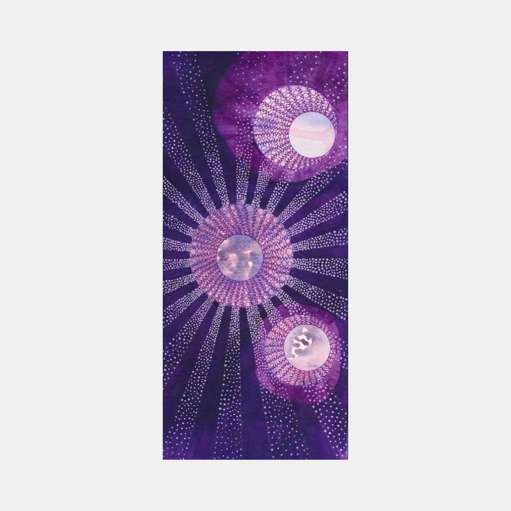 The artwork 'The Spheres Really Have Their Music #49' by Katie Niewodowski features three luminous orbs in shades of pink and purple against a deep violet background. Detailed dotted patterns radiate outward from each sphere, creating a cosmic, starburst effect. The intricate ink and acrylic work combines precise pointillism with fluid color transitions.