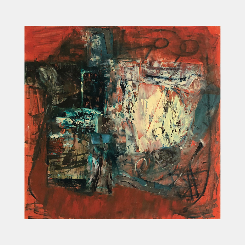 The artwork 'Soul Cage #2' by Petra Nimtz features an abstract expressionist composition with bold red borders surrounding a dynamic central area. Textured brushstrokes blend deep teals, creamy whites, and charcoal grays in a turbulent arrangement. The oil on linen painting showcases layered techniques creating depth through contrasting colors and gestural marks.