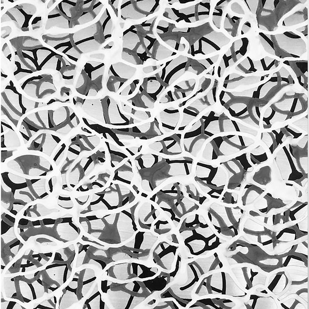 The artwork 'Gestural Pouring #6' by Eric Jiaju Lee features dynamic black and white abstract patterns with fluid, interwoven curved lines creating a maze-like composition. The monochromatic piece exhibits spontaneous brushwork with varying tones of gray, showcasing a rhythmic flow of gestural marks on Bristol paper. By Eric Jiaju Lee.