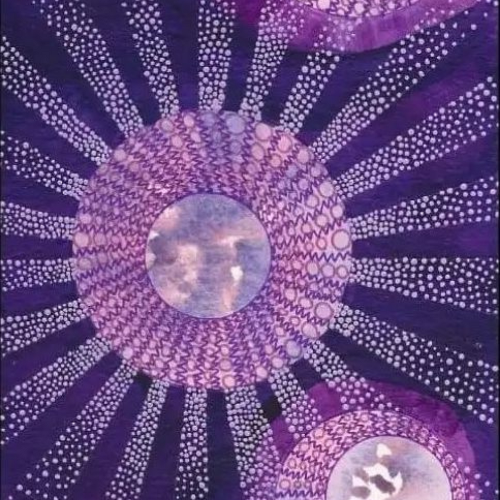 The artwork 'The Spheres Really Have Their Music #49' by Katie Niewodowski features radiant celestial spheres in deep purple and lavender hues. White dotted patterns create sunburst-like rays emanating from luminous orbs, suggesting cosmic movement. The ink and acrylic technique produces ethereal textures against the dark background.