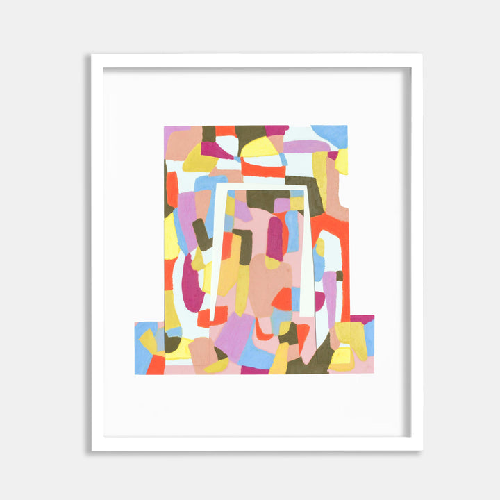 The artwork 'Inlay (two)' by Alicia Little features an abstract geometric composition of interlocking shapes in pastel and bold colors. Pink, yellow, orange, blue, and olive tones create a dynamic patchwork pattern. The oil pastel and gouache technique adds texture and depth to the overlapping forms, creating a playful modernist aesthetic within a white frame.
